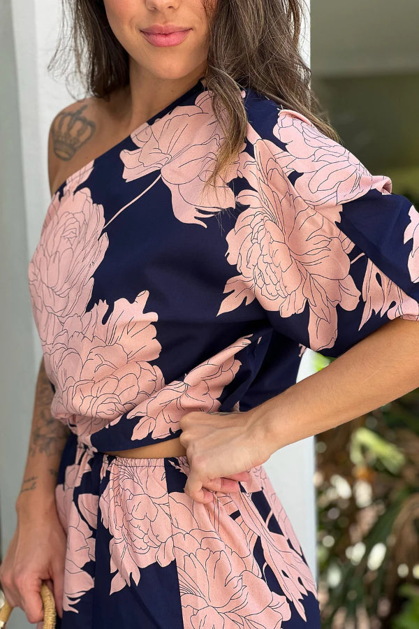 NAVY ONE SHOULDER MAXI DRESS WITH SLIT
