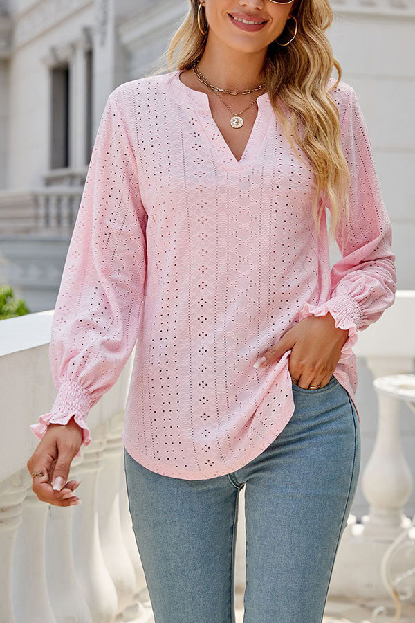 Solid color hollowed out gathered ruffle sleeve V-neck loose long-sleeved top