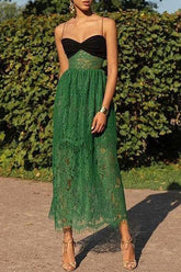 Sling sexy lace green hollow holiday multi-layer dress