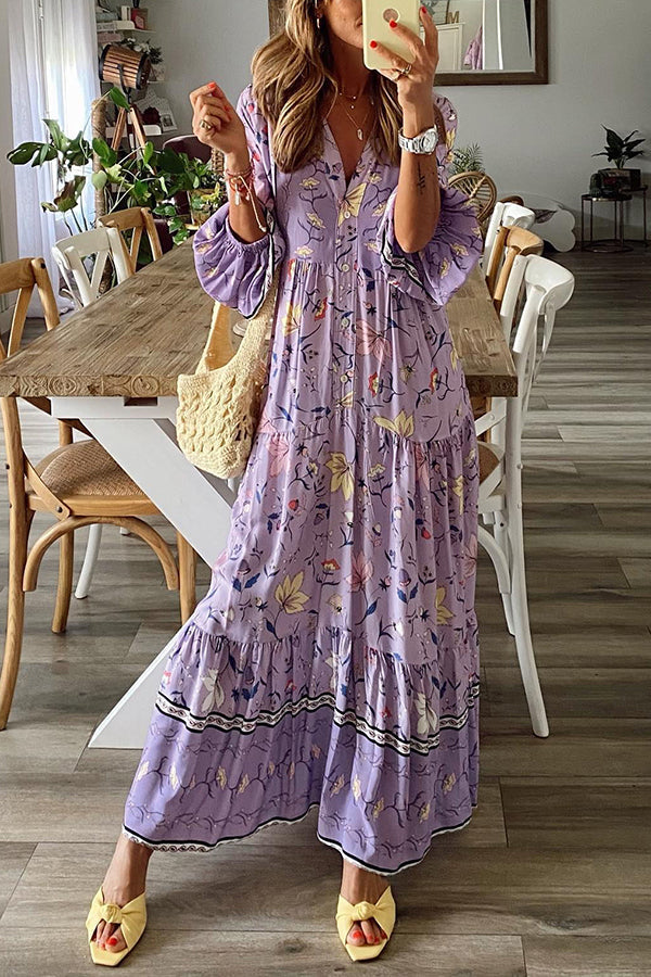 Lavender Flavor Printed Long Sleeve Button A-line Maxi Dress