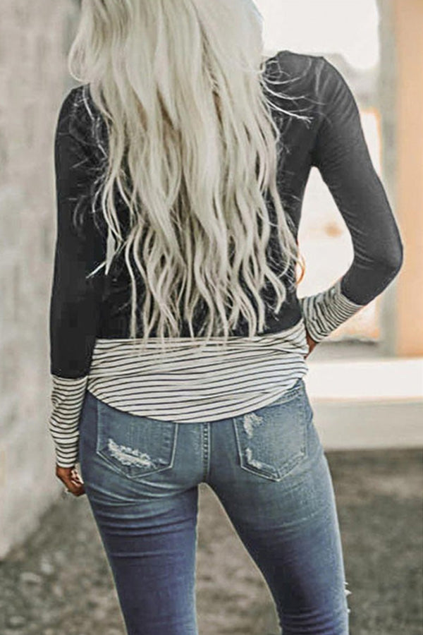 Striped Casual Sequin Pocket Long Sleeve T-Shirt
