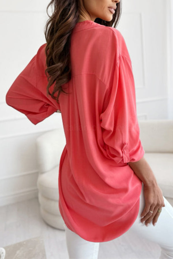 V Neck Button Roll Sleeve Patch Pocket Loose Straight Long Sleeve Shirt