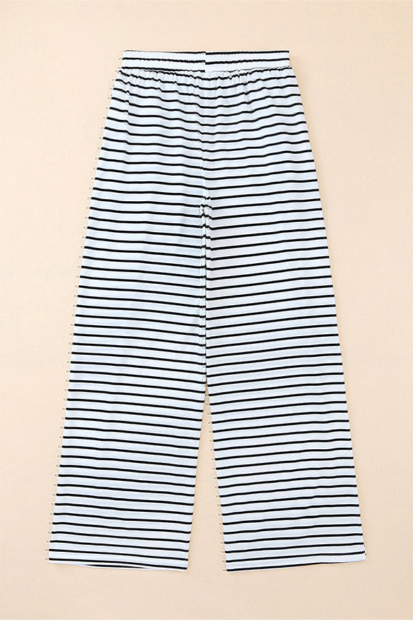 Striped Casual Drawstring Wide Leg Pants with Pockets