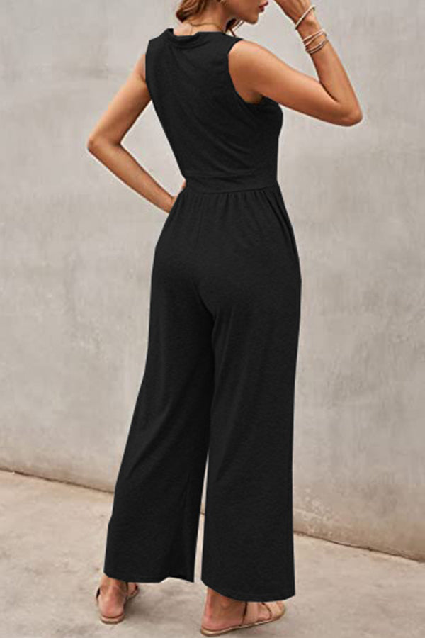 Loose sleeveless stretch trousers jumpsuit with pockets