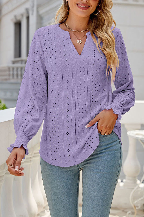 Solid color hollowed out gathered ruffle sleeve V-neck loose long-sleeved top