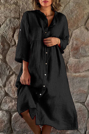 Cotton linen solid color casual stand collar button long dress