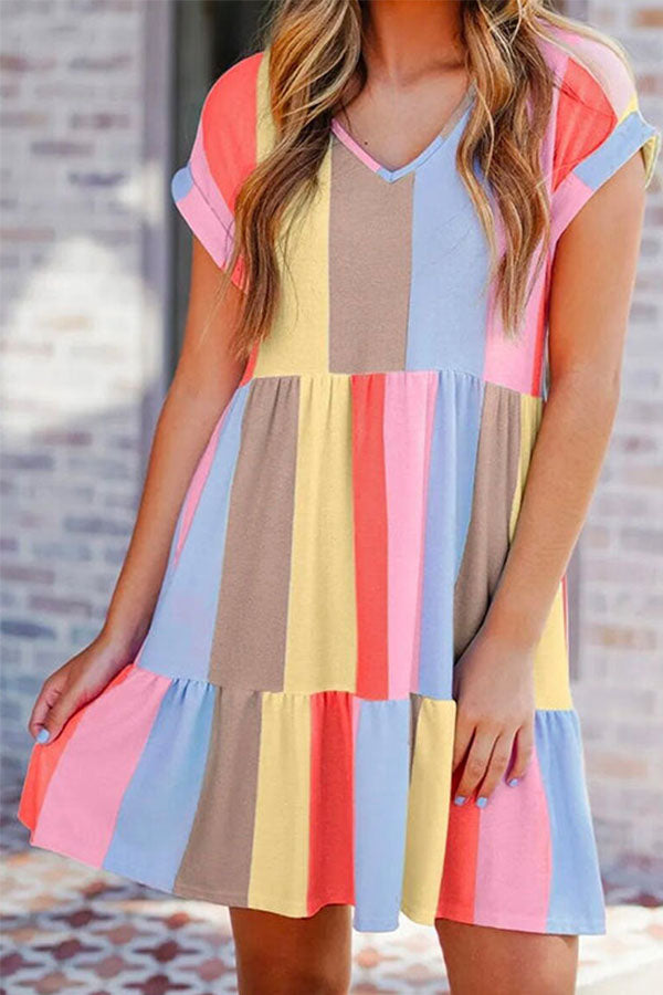 V Neck Color Block Stripes Candy Swing Dress