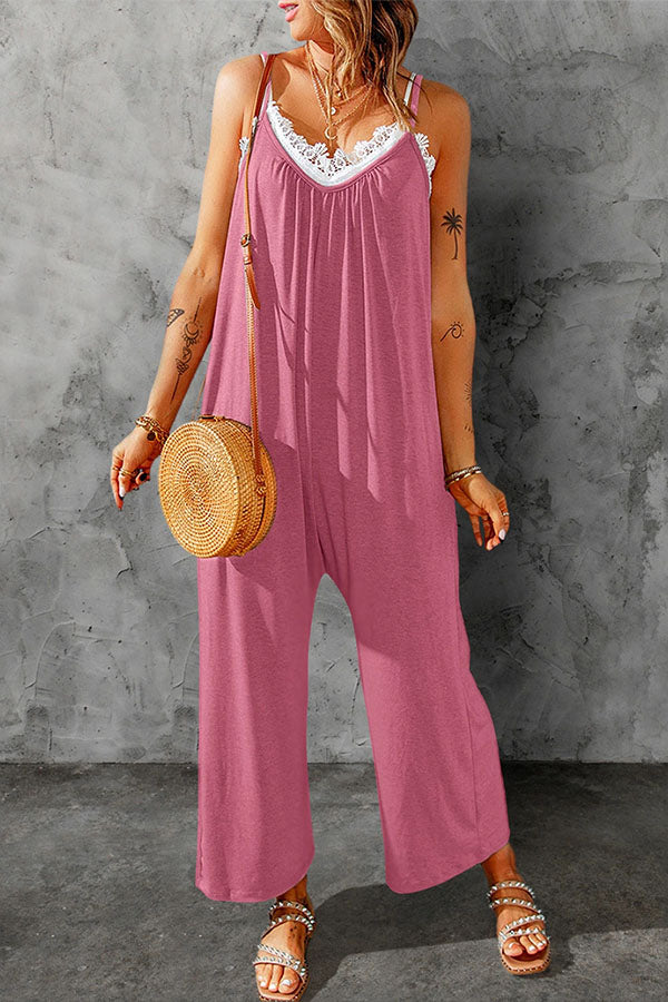 Casual Spaghetti Straps Wide Leg Pocketed Jumpsuits