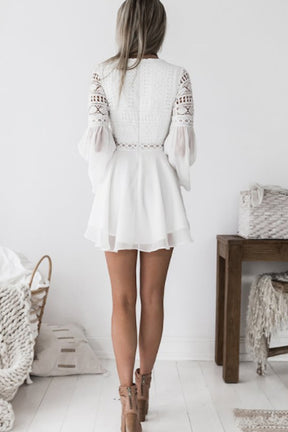 Lace crochet hollow V-neck strappy flared long-sleeved chiffon dress