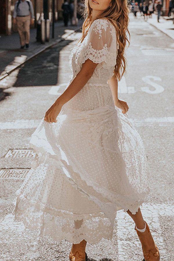v neck short sleeve lace dress